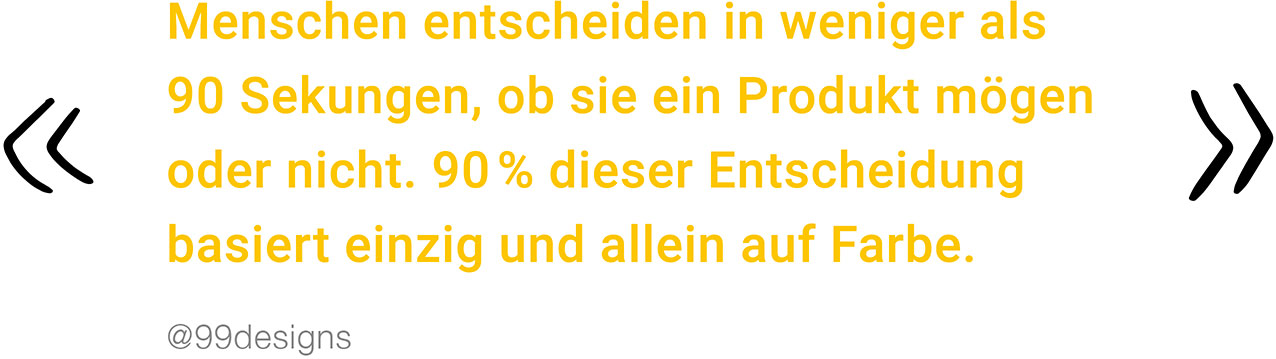 Zitat von 99designs: Menschen entscheiden in weniger als 90 Sekunden, ob sie ein Produkt mögen oder nicht. 90% dieser Entscheidung basiert einzig und allein auf Farbe.